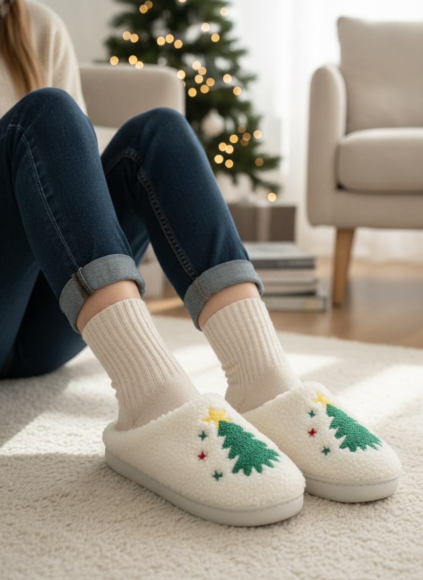 Women's Christmas Reindeer Plush Slippers – Cozy Soft Fleece Indoor House Shoes