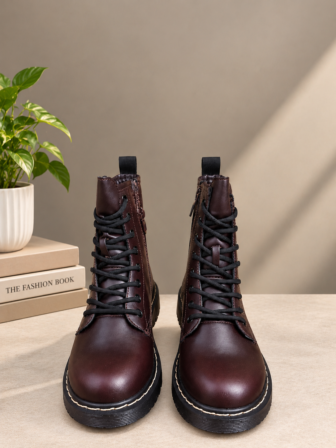 Unisex Brown Lace Up Combat Boots Ankle Boots Side Zip Casual Work Shoes