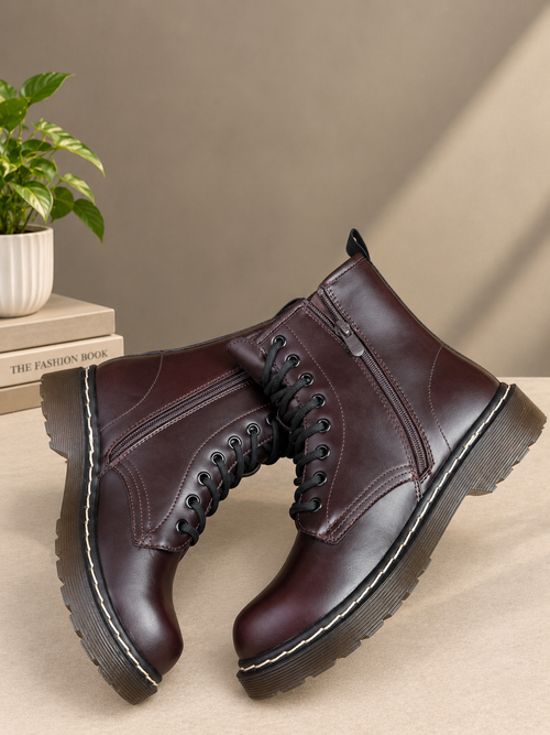 Unisex Brown Lace Up Combat Boots Ankle Boots Side Zip Casual Work Shoes