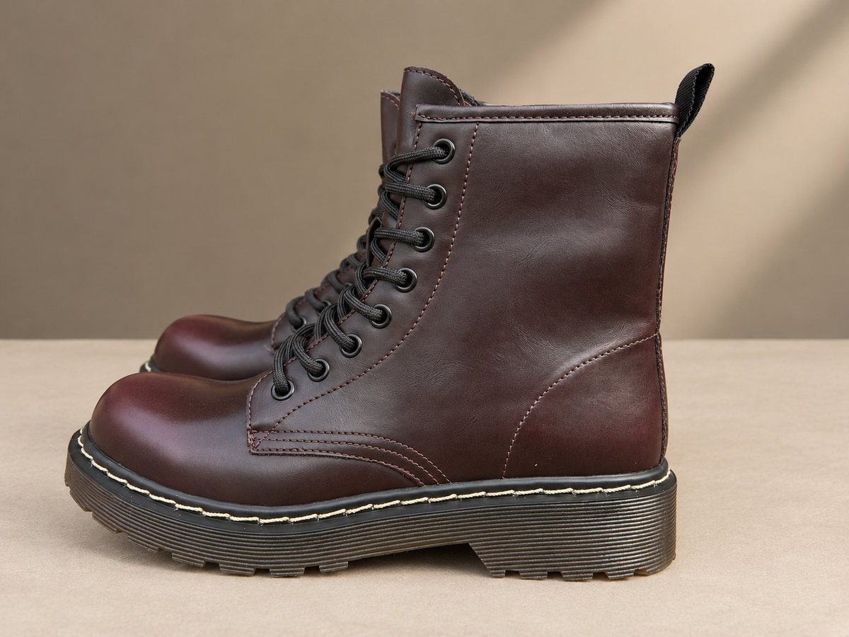 Unisex Brown Lace Up Combat Boots Ankle Boots Side Zip Casual Work Shoes