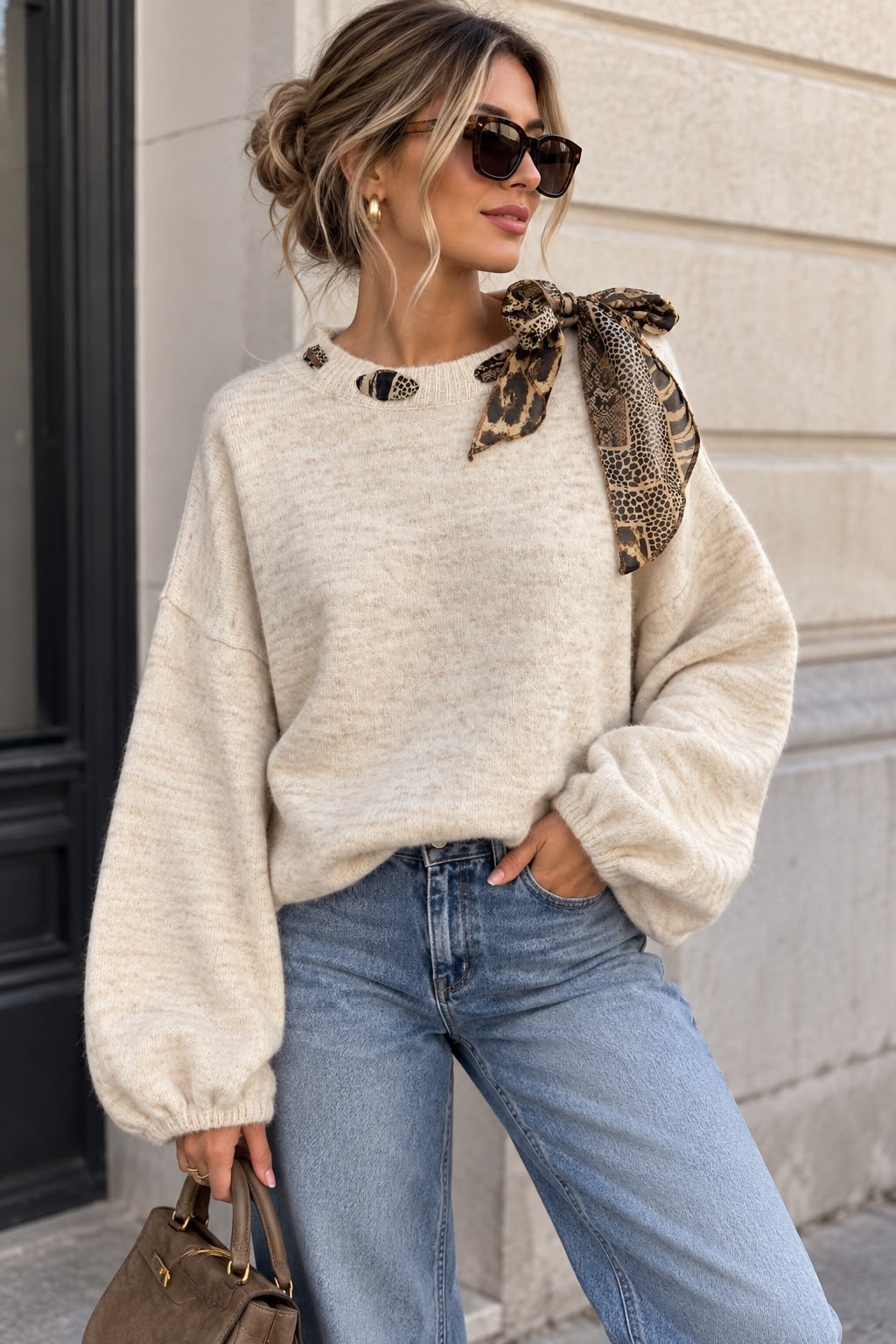 Women's Knit Sweater with Leopard Print Bow – Long Sleeve Casual Pullover