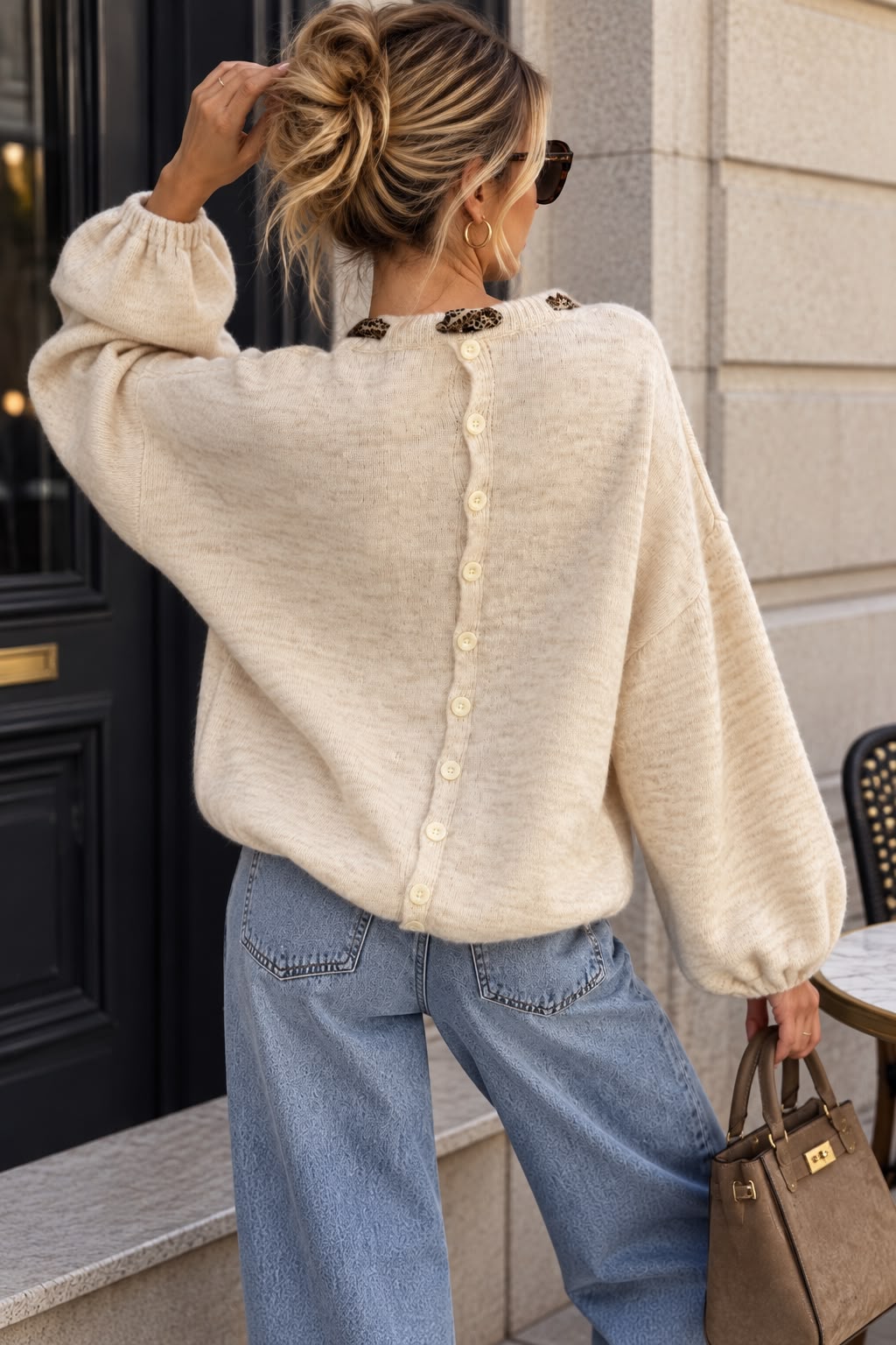 Women's Knit Sweater with Leopard Print Bow – Long Sleeve Casual Pullover