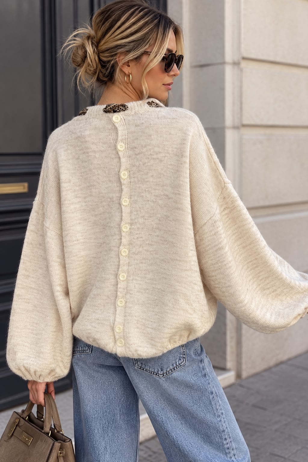 Women's Knit Sweater with Leopard Print Bow – Long Sleeve Casual Pullover