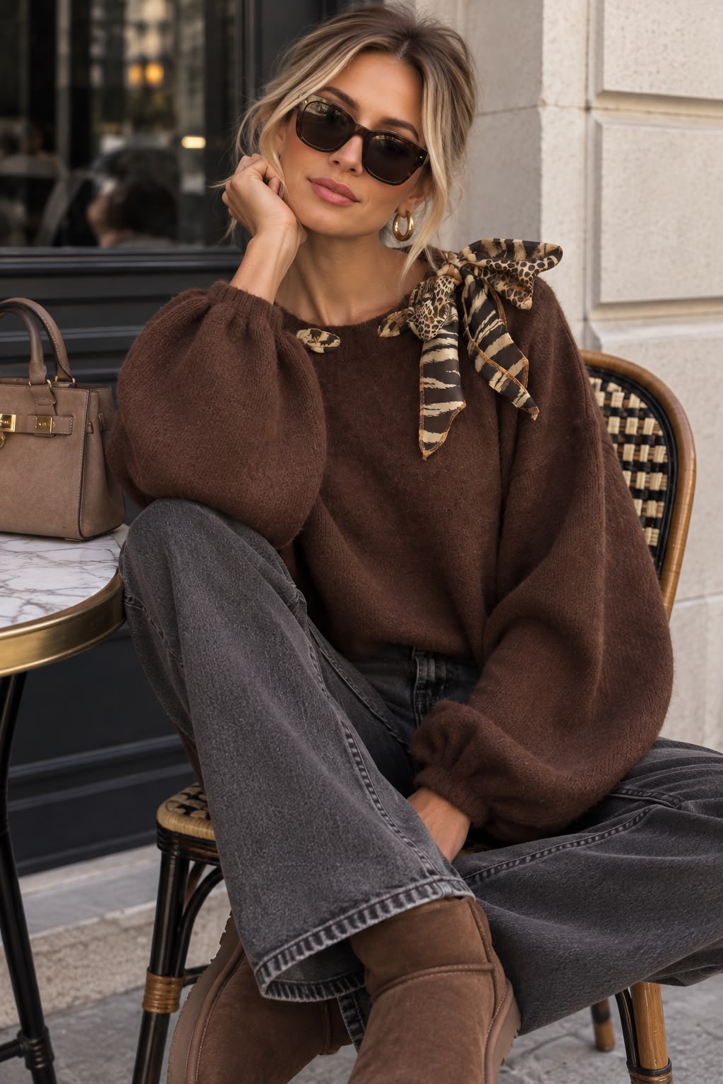 Women's Knit Sweater with Leopard Print Bow – Long Sleeve Casual Pullover