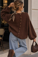 Women's Knit Sweater with Leopard Print Bow – Long Sleeve Casual Pullover