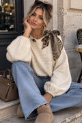 Women's Knit Sweater with Leopard Print Bow – Long Sleeve Casual Pullover