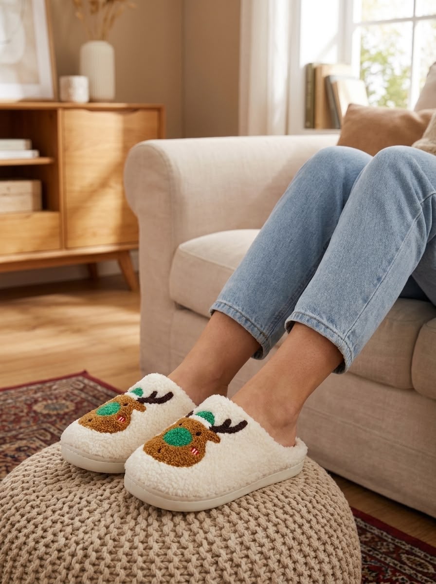 Women's Christmas Reindeer Plush Slippers – Soft Cozy Indoor House Shoes