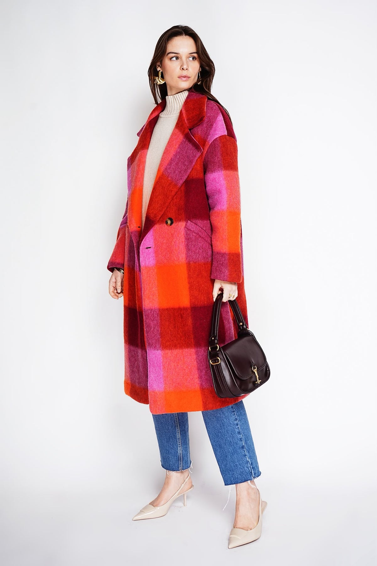 Women's Checked Wool-Look Long Coat – Double-Breasted Winter Overcoat