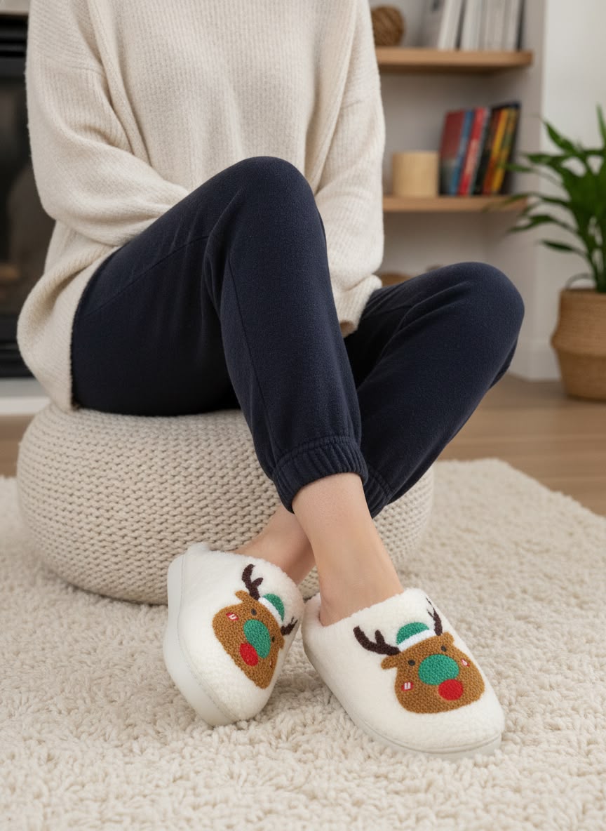 Women's Christmas Reindeer Plush Slippers – Soft Cozy Indoor House Shoes