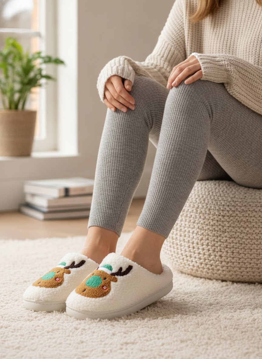 Women's Christmas Reindeer Plush Slippers – Soft Cozy Indoor House Shoes