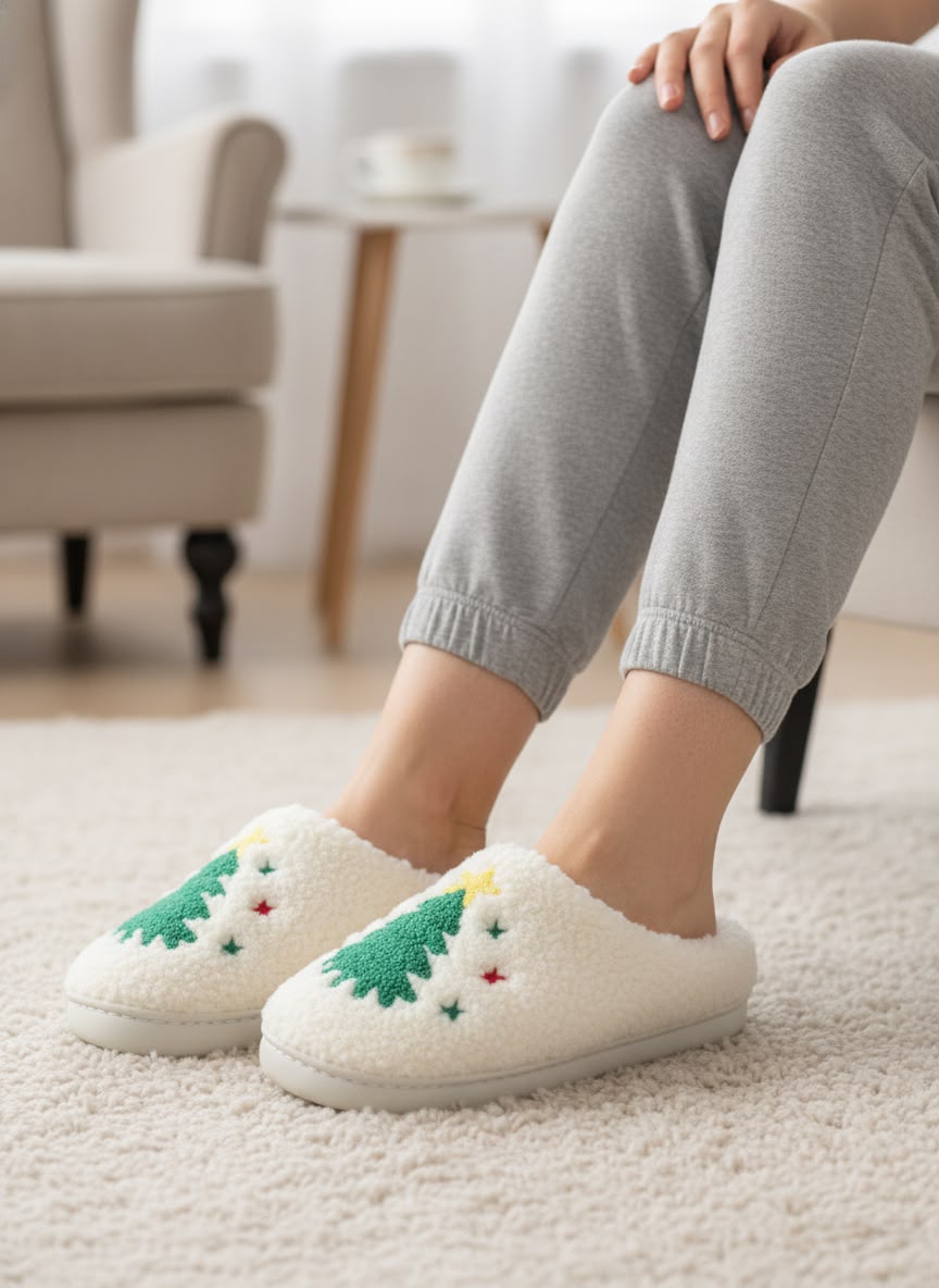 Women's Christmas Reindeer Plush Slippers – Cozy Soft Fleece Indoor House Shoes
