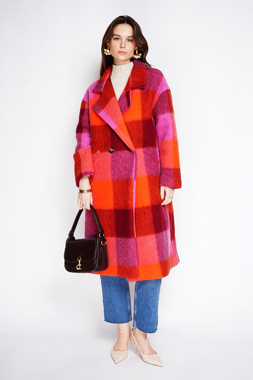 Women's Checked Wool-Look Long Coat – Double-Breasted Winter Overcoat