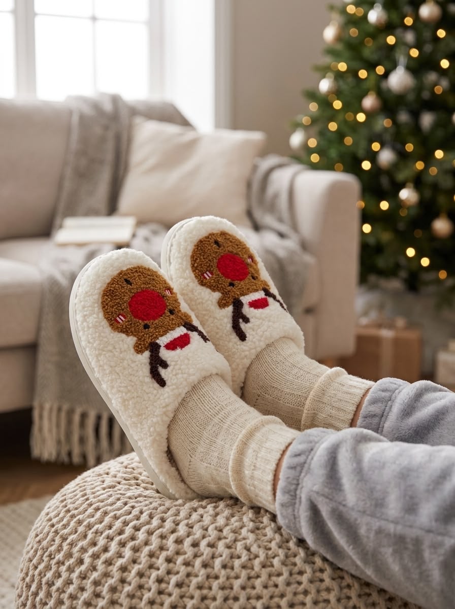 Women's Christmas Reindeer Plush Slippers – Soft Cozy Indoor House Shoes