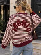Women's Striped Knit Sweater – Classic Round Neck Long Sleeve Jumper