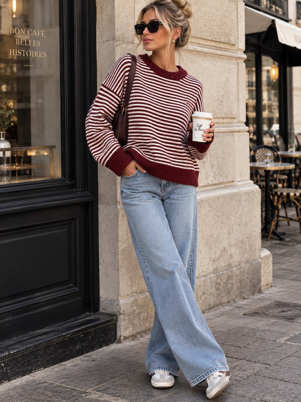 Women's Striped Knit Sweater – Classic Round Neck Long Sleeve Jumper