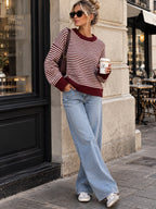 Women's Striped Knit Sweater – Classic Round Neck Long Sleeve Jumper