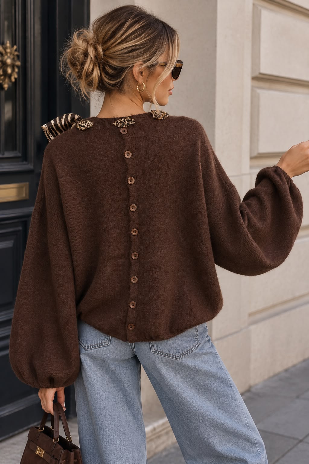 Women's Knit Sweater with Leopard Print Bow – Long Sleeve Casual Pullover