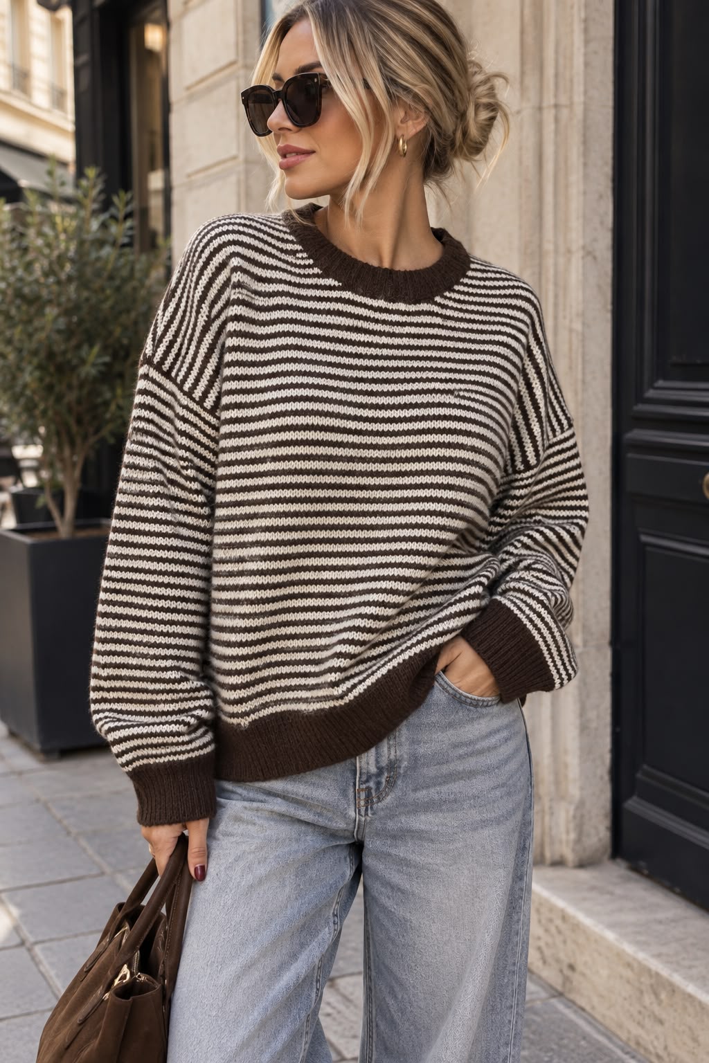 Women's Striped Knit Sweater – Classic Round Neck Long Sleeve Jumper