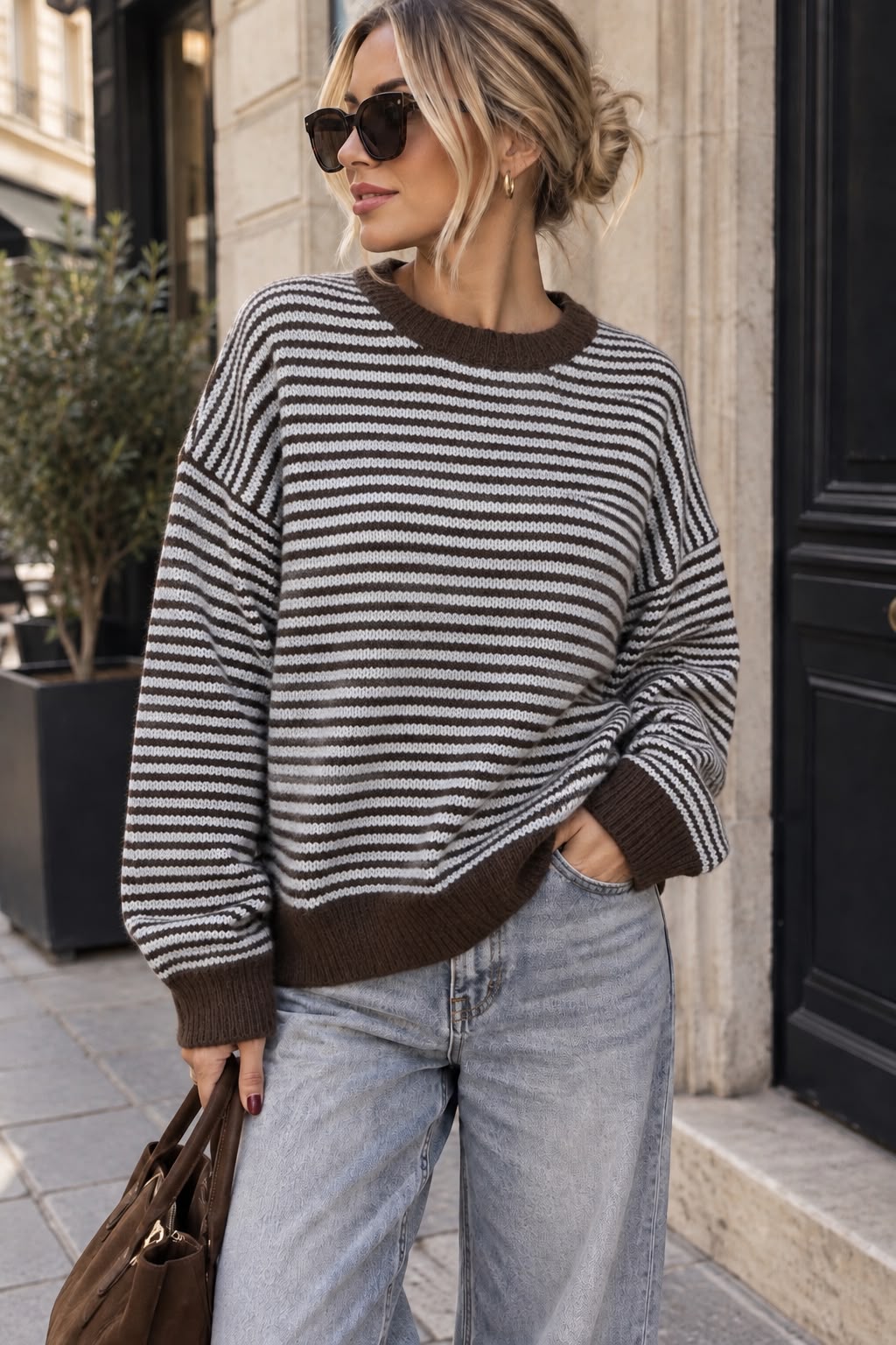 Women's Striped Knit Sweater – Classic Round Neck Long Sleeve Jumper