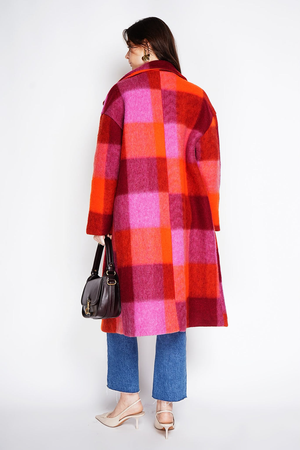 Women's Checked Wool-Look Long Coat – Double-Breasted Winter Overcoat