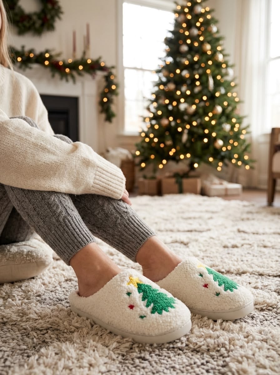 Women's Christmas Reindeer Plush Slippers – Cozy Soft Fleece Indoor House Shoes