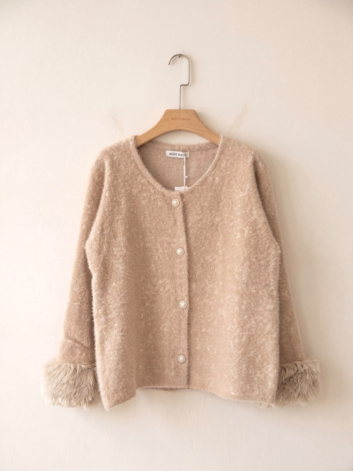 Women's Beige Fluffy Cardigan with Faux Fur Cuffs & Pearl-Style Buttons