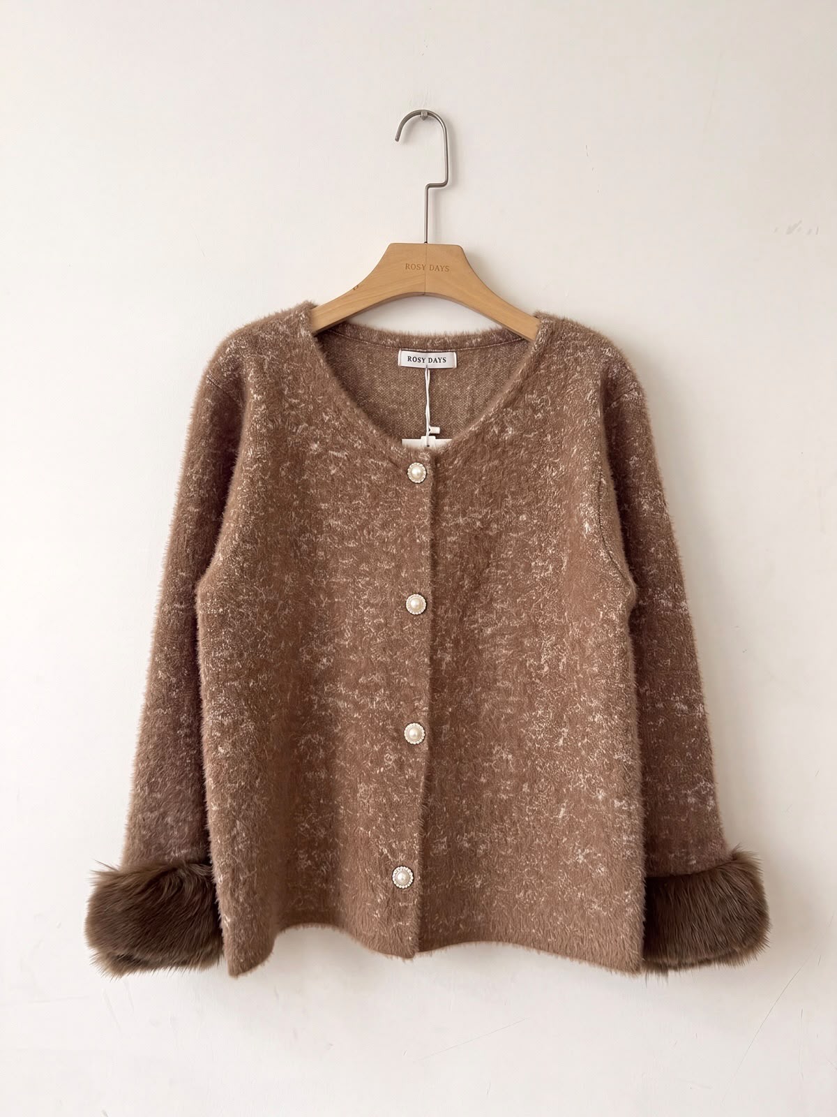 Women's Beige Fluffy Cardigan with Faux Fur Cuffs & Pearl-Style Buttons