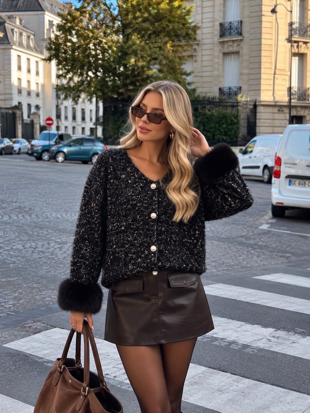 Women's Beige Fluffy Cardigan with Faux Fur Cuffs & Pearl-Style Buttons