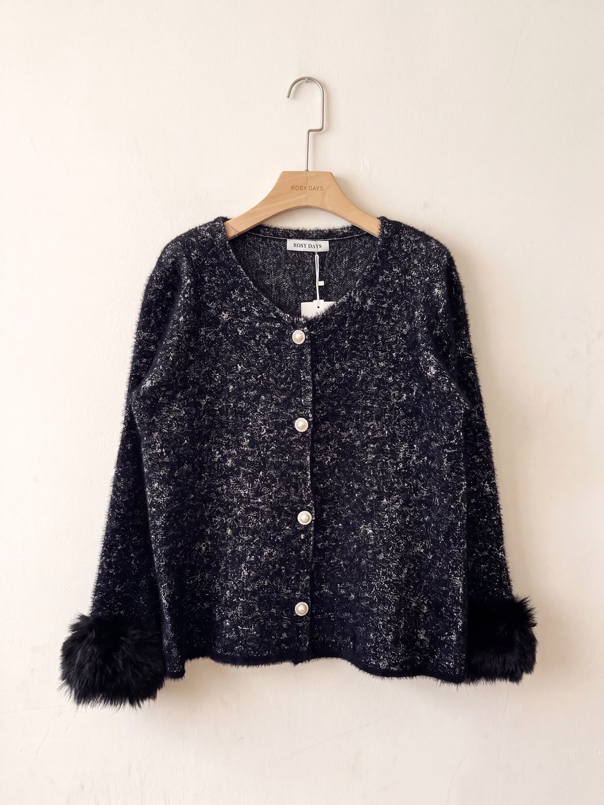 Women's Beige Fluffy Cardigan with Faux Fur Cuffs & Pearl-Style Buttons