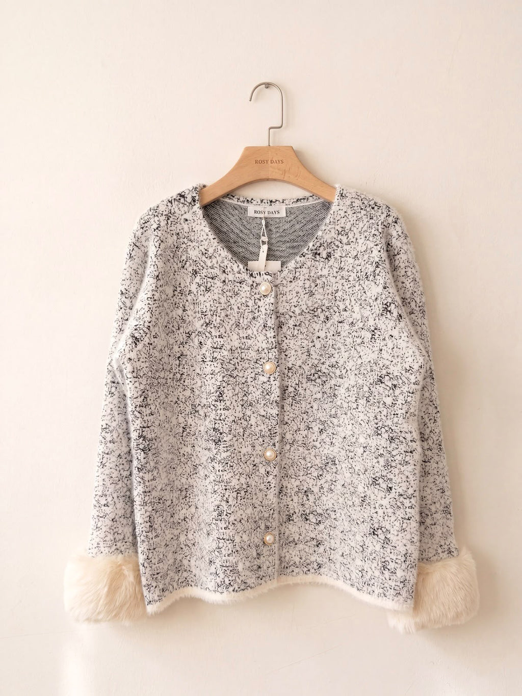 Women's Beige Fluffy Cardigan with Faux Fur Cuffs & Pearl-Style Buttons