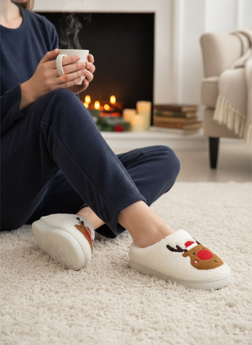 Women's Christmas Reindeer Plush Slippers – Soft Cozy Indoor House Shoes